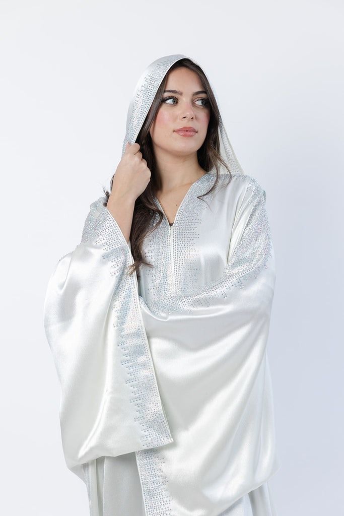 White Cape – Luxury Hooded Design with Silver Diamante Embellishment