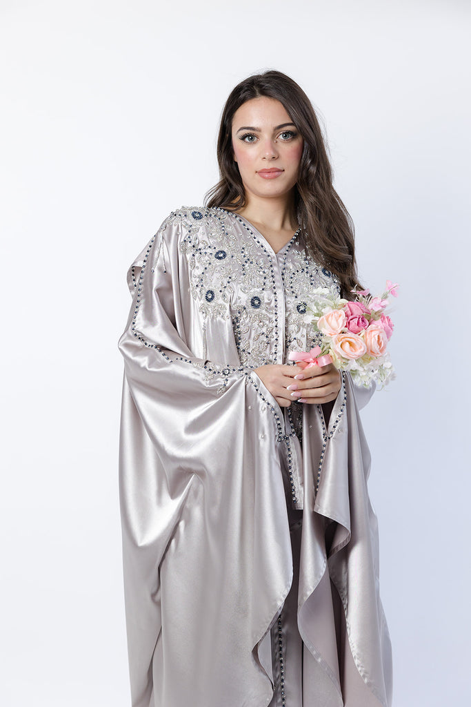 Champagne Cape – Luxury Regal Silver & Navy Embellished Design with Hood