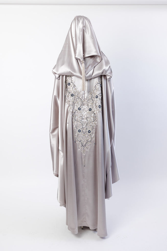 Champagne Cape – Luxury Regal Silver & Navy Embellished Design with Hood