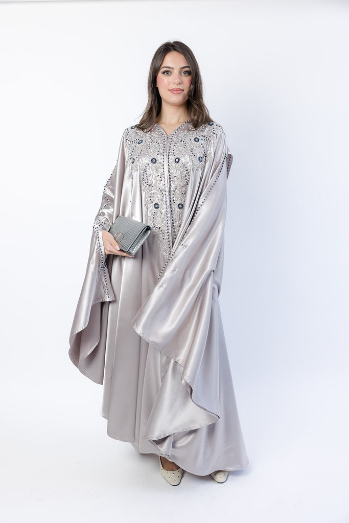 Champagne Cape – Luxury Regal Silver & Navy Embellished Design with Hood
