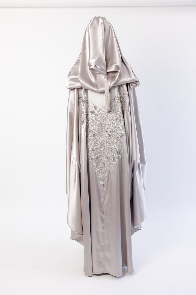 Champagne Cape – Luxury Regal Silver Embellished Design with Hood