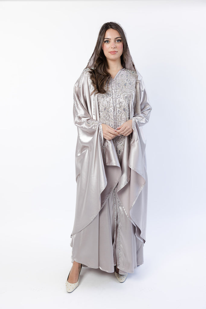 Champagne Cape – Luxury Regal Silver Embellished Design with Hood