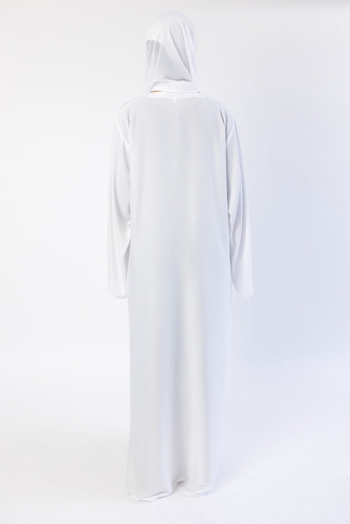 White Closed Abaya – Ripple Satin Fabric with Pocket
