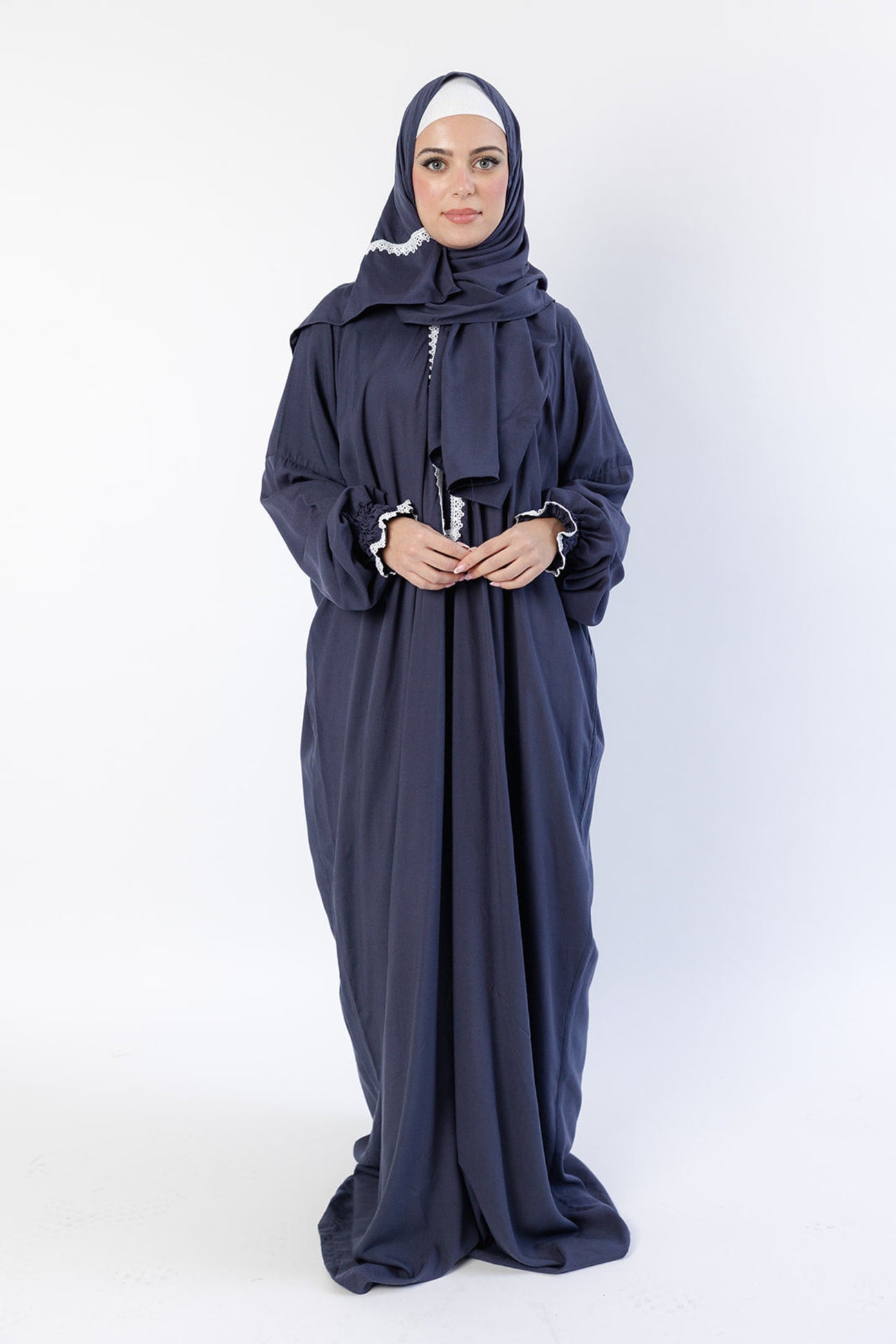 One Piece Soft Cotton Blend Lace Prayer Dress with Attached Hijab