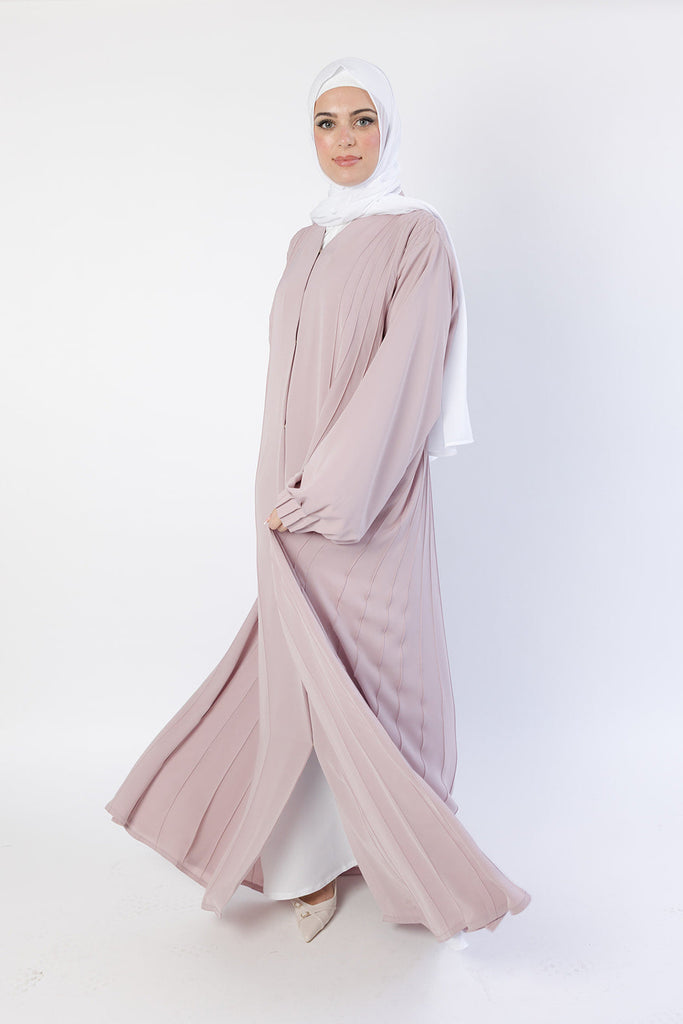 Nude Pink Open Abaya – Luxury Striped Design
