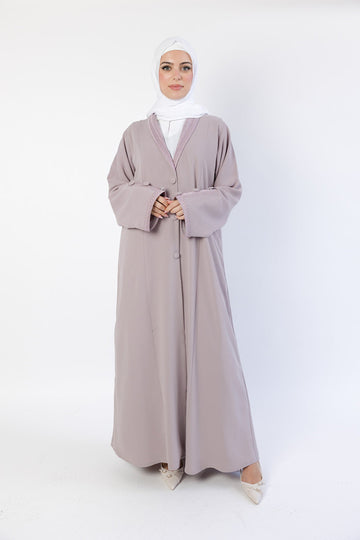 Lilac Embroidered Collar and Cuffs Open Abaya