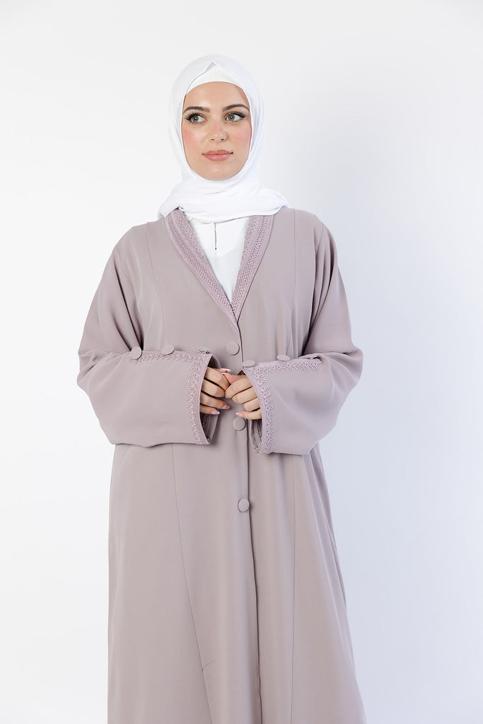 Lilac Embroidered Collar and Cuffs Open Abaya