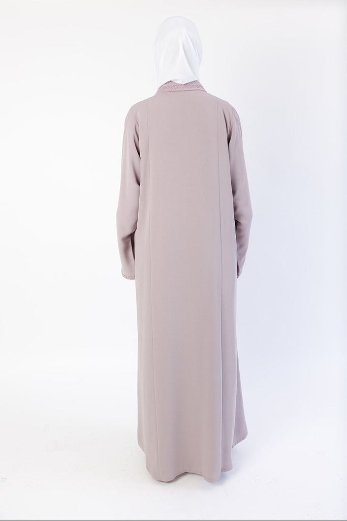 Lilac Embroidered Collar and Cuffs Open Abaya