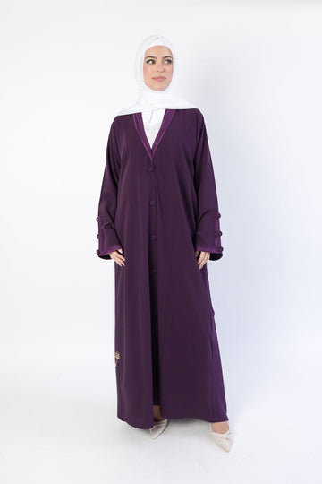 Purple Embroidered Collar and Cuffs Open Abaya