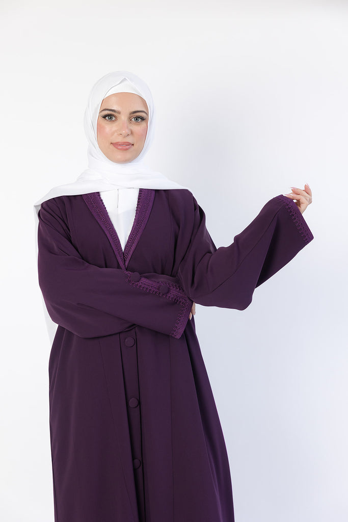Purple Embroidered Collar and Cuffs Open Abaya