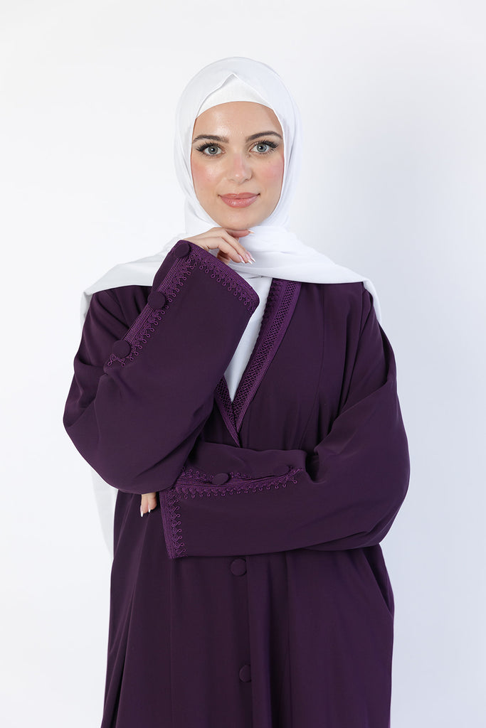 Purple Embroidered Collar and Cuffs Open Abaya