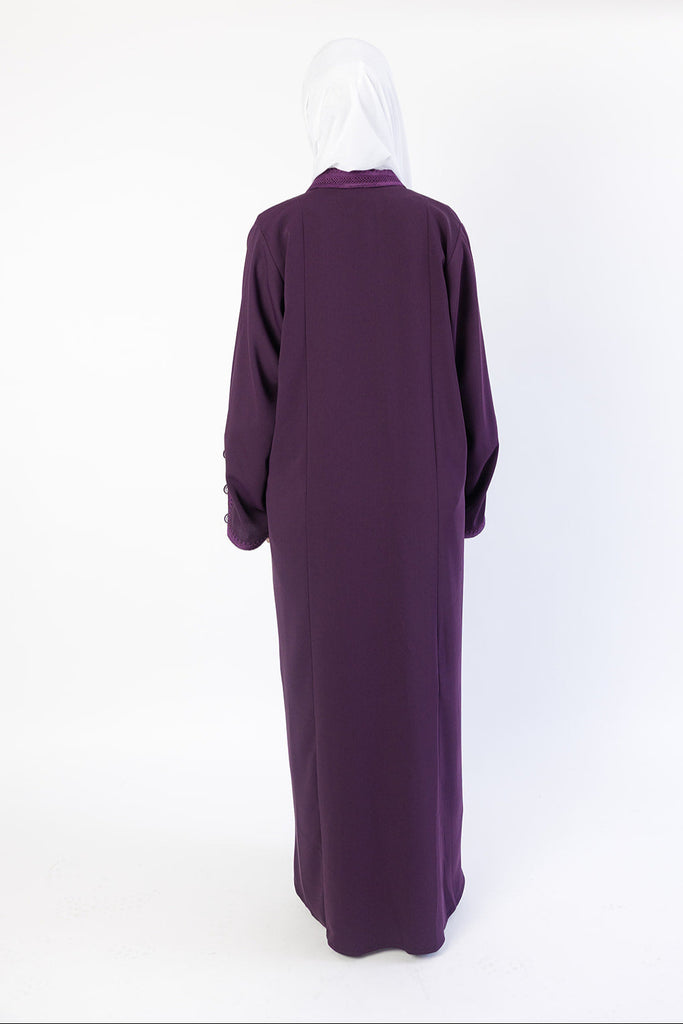 Purple Embroidered Collar and Cuffs Open Abaya