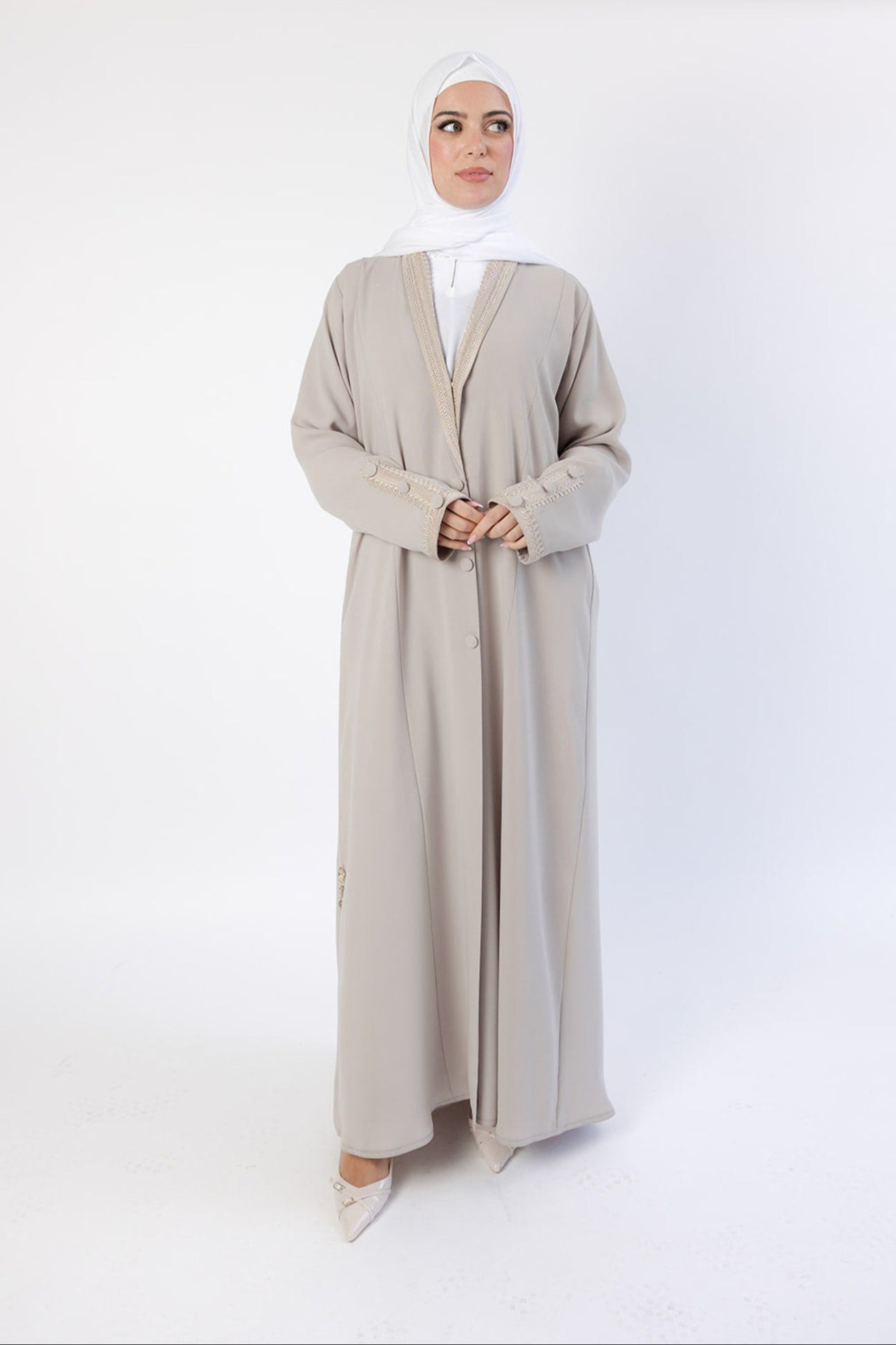 Beige Embroidered Collar and Cuffs Open Abaya