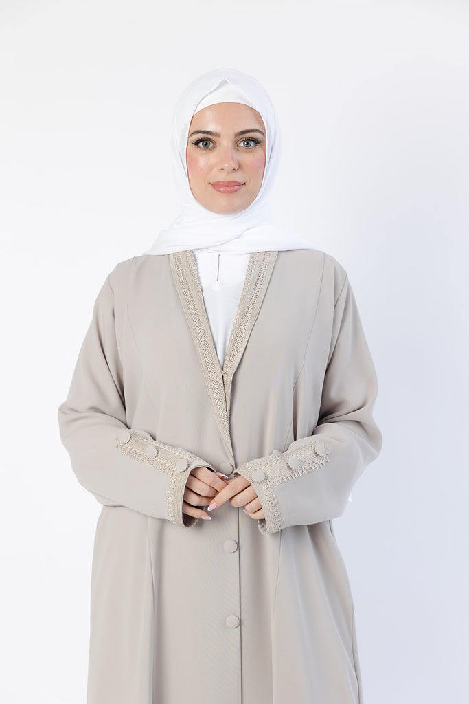 Beige Embroidered Collar and Cuffs Open Abaya