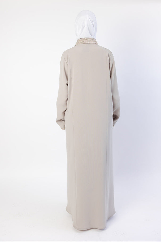 Beige Embroidered Collar and Cuffs Open Abaya
