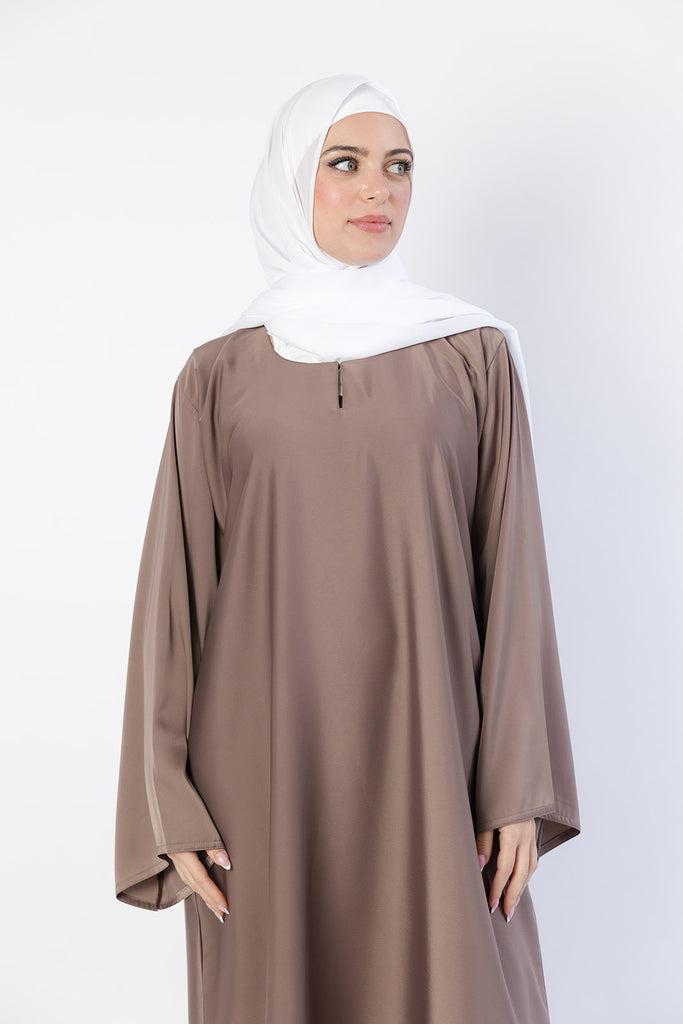 Dark Nude Closed Abaya – Ripple Satin Fabric with Pocket