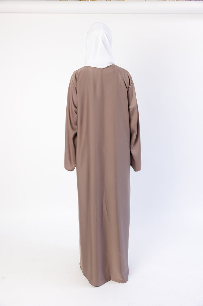 Dark Nude Closed Abaya – Ripple Satin Fabric with Pocket