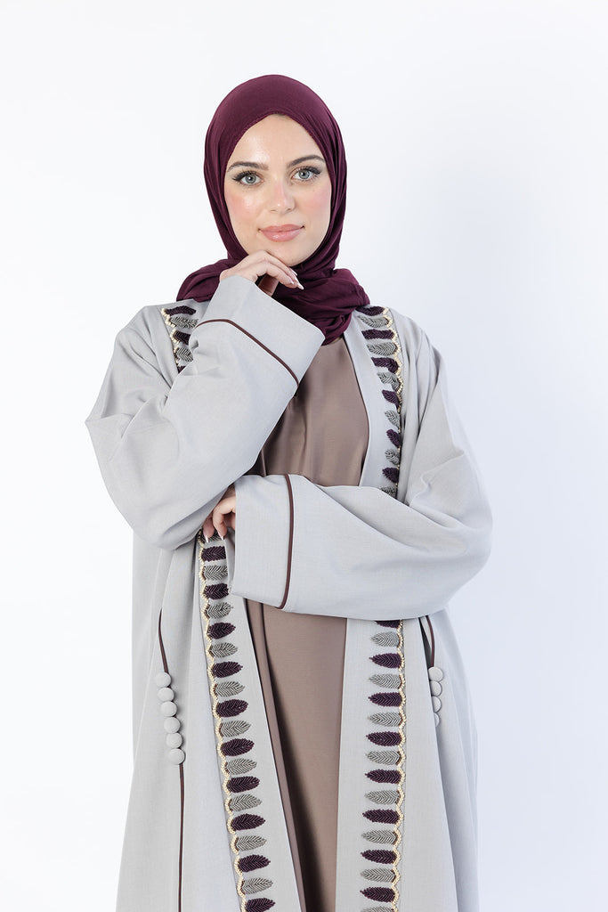 Grey Kimono Abaya – Luxury Beaded Leaf Embroidery with Decorative Buttons