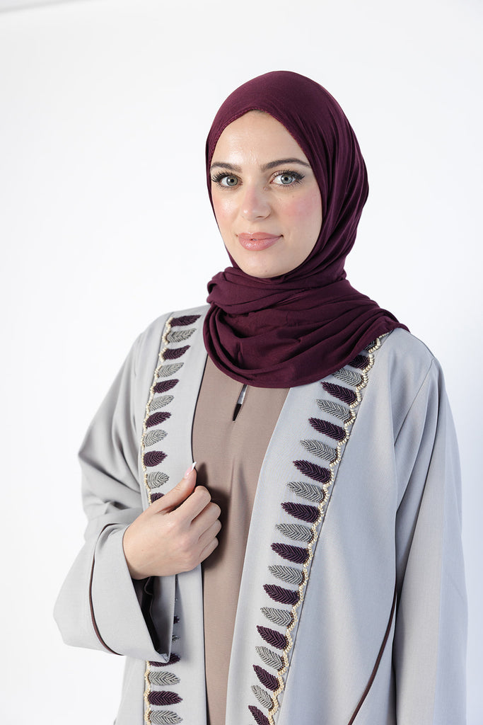 Grey Kimono Abaya – Luxury Beaded Leaf Embroidery with Decorative Buttons