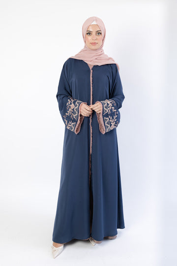 Navy Luxury Floral Beaded Sleeves Open Abaya