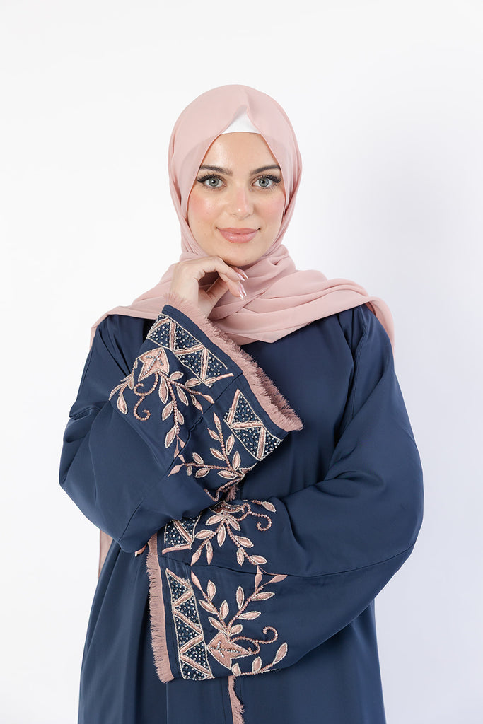 Navy Open Abaya – Luxury Nude Floral Beaded Sleeve Design