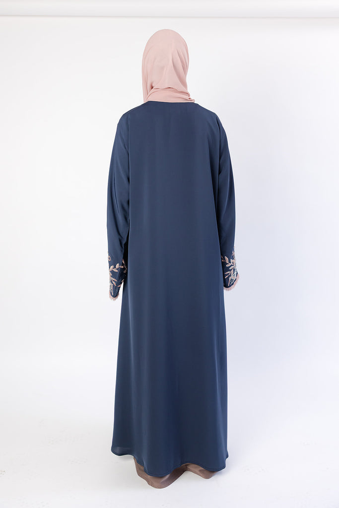 Navy Open Abaya – Luxury Nude Floral Beaded Sleeve Design
