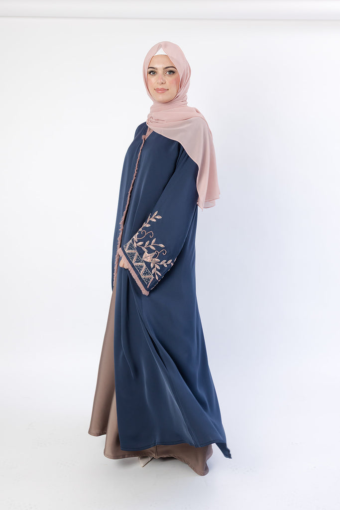 Navy Open Abaya – Luxury Nude Floral Beaded Sleeve Design