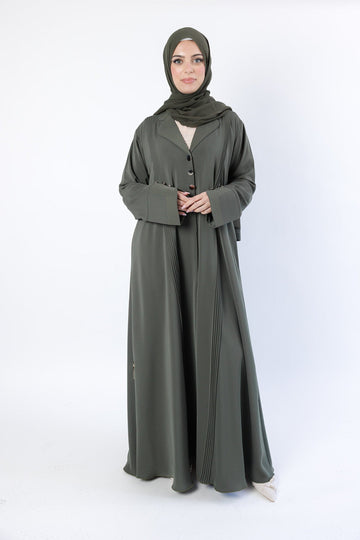 Green Embroidered Collar Open Abaya Button Design and Pleats