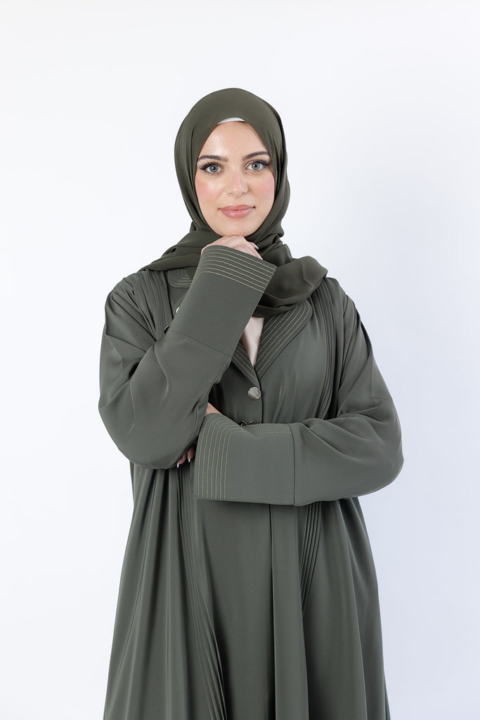 Green Open Abaya – Embroidered Collar Design with Buttons and Pleated Detailing