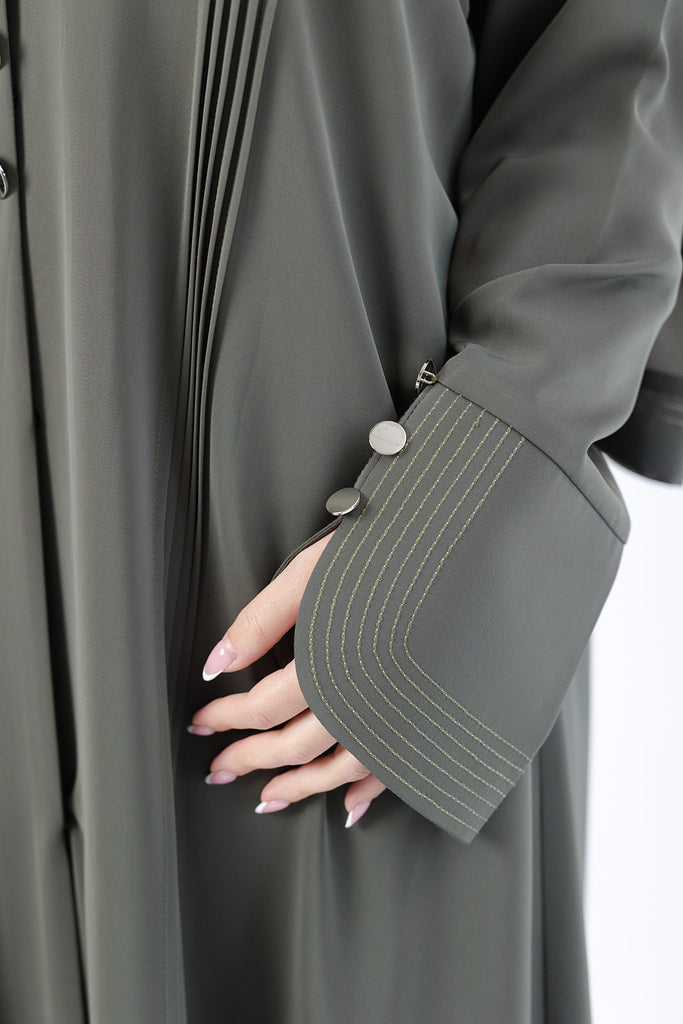 Green Open Abaya – Embroidered Collar Design with Buttons and Pleated Detailing