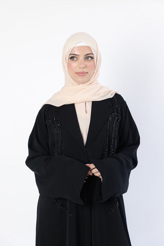 Black Open Abaya – Khaliji Blazer-Style Design with Embellished Detailing