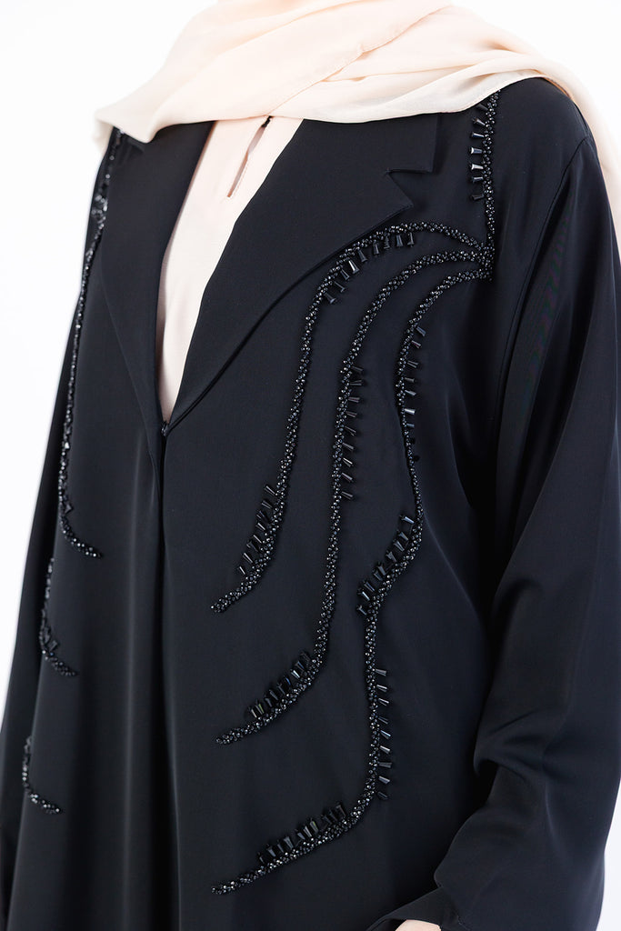 Black Open Abaya – Khaliji Blazer-Style Design with Embellished Detailing