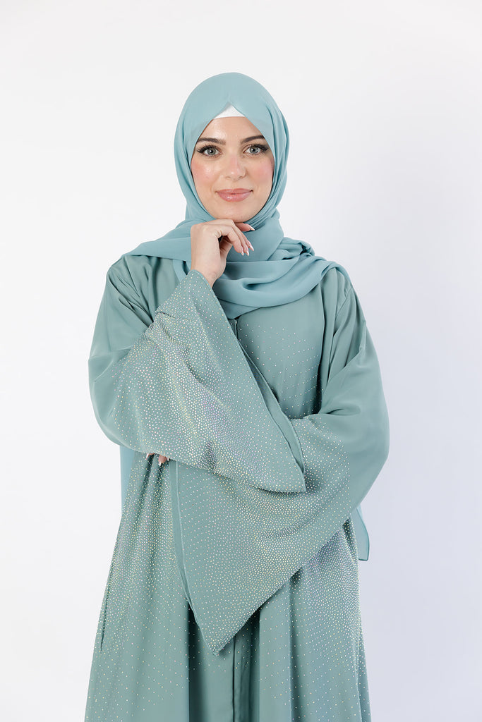 Dusty Mint Open Abaya – Luxury Nidha Fabric with Embellished Bell Sleeves