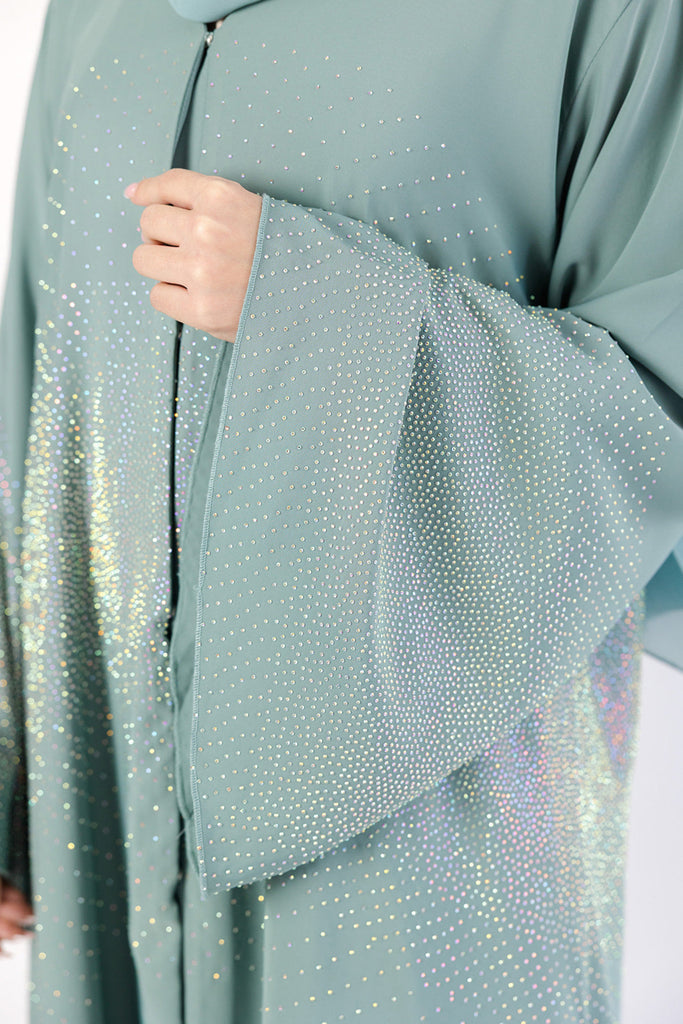 Dusty Mint Open Abaya – Luxury Nidha Fabric with Embellished Bell Sleeves