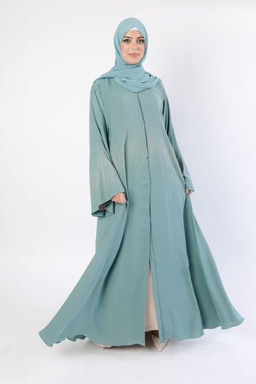 Dusty Mint Luxury Nida Embellished Open Abaya with wide Sleeve