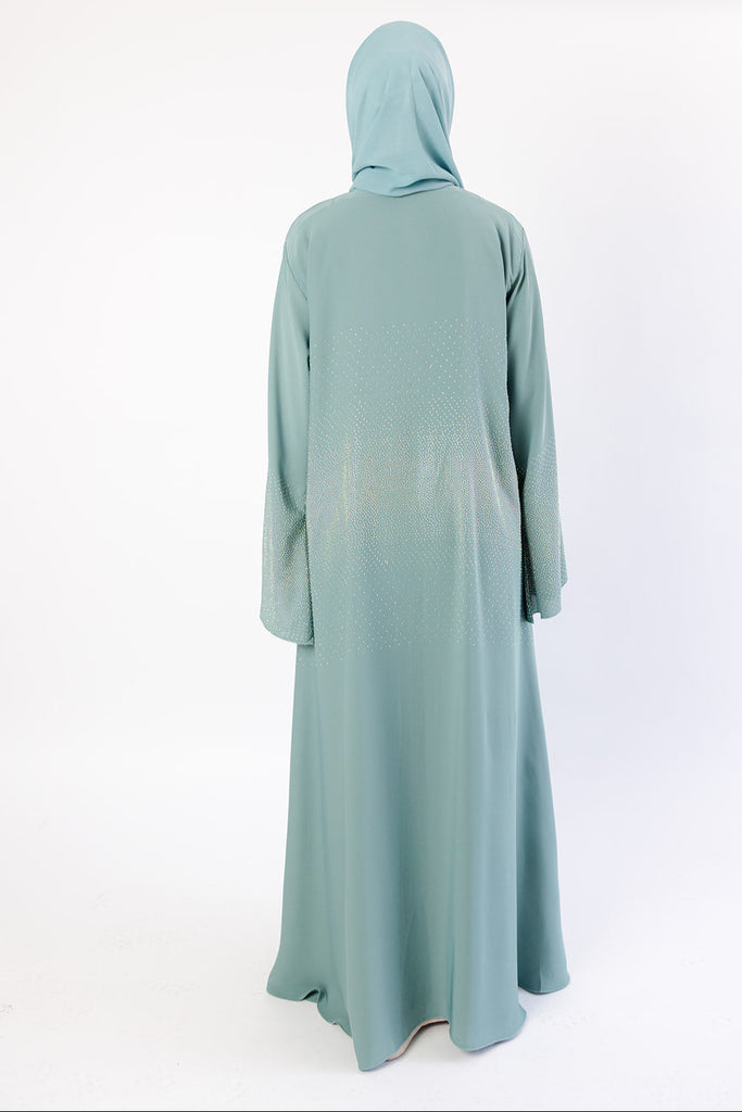 Dusty Mint Open Abaya – Luxury Nidha Fabric with Embellished Bell Sleeves
