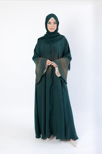 Dark Green Luxury Nida Embellished Open Abaya with wide Sleeves