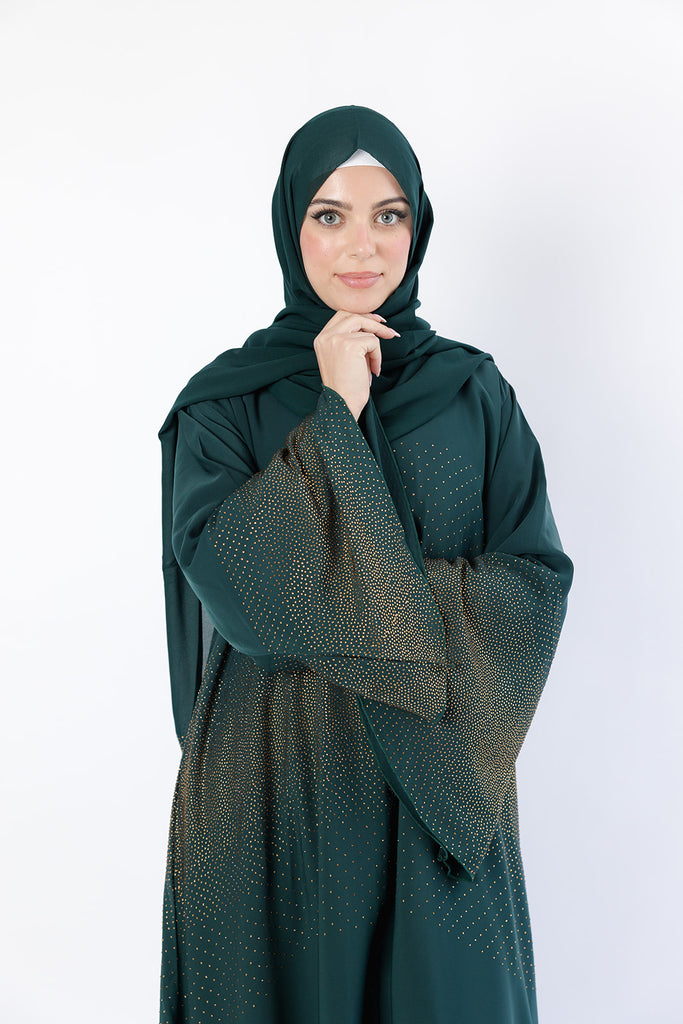 Dark Green Open Abaya – Luxury Nidha Fabric with Embellished Bell Sleeves