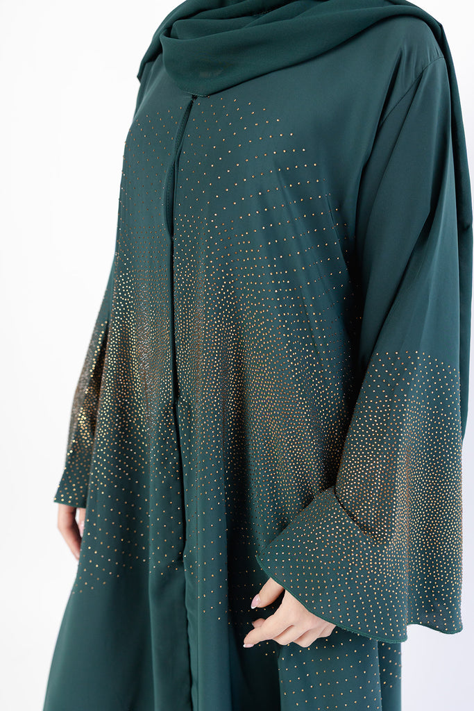 Dark Green Open Abaya – Luxury Nidha Fabric with Embellished Bell Sleeves