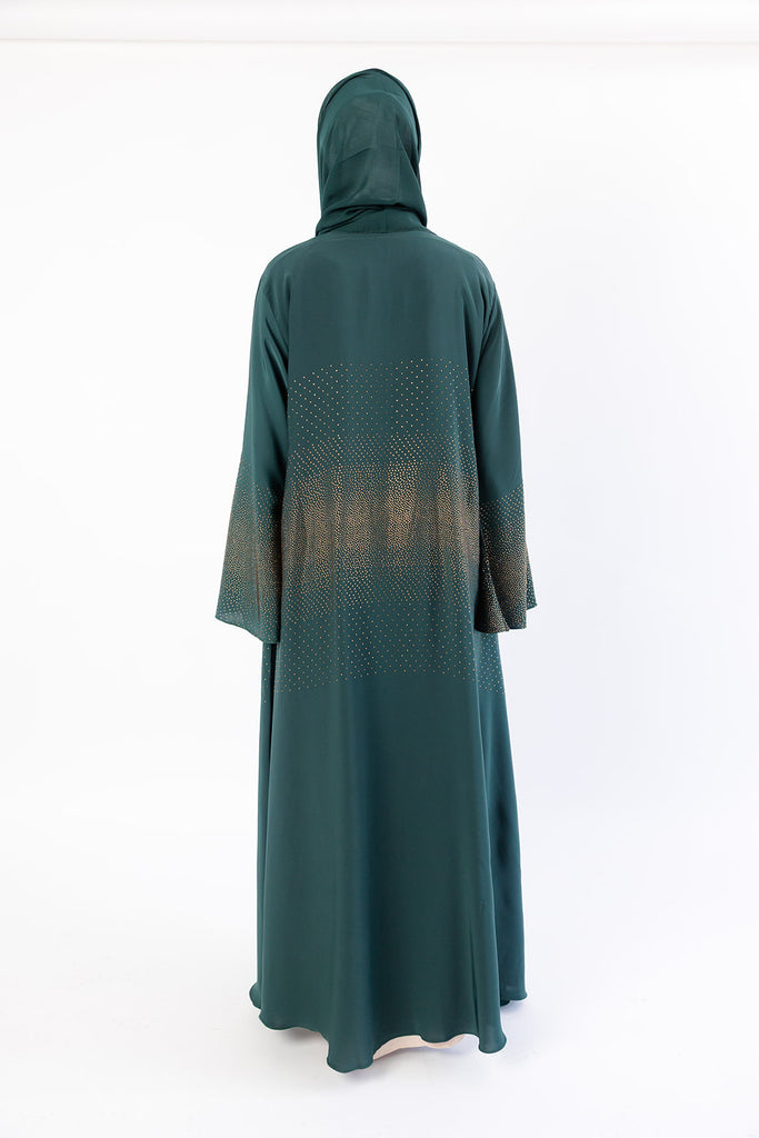 Dark Green Open Abaya – Luxury Nidha Fabric with Embellished Bell Sleeves