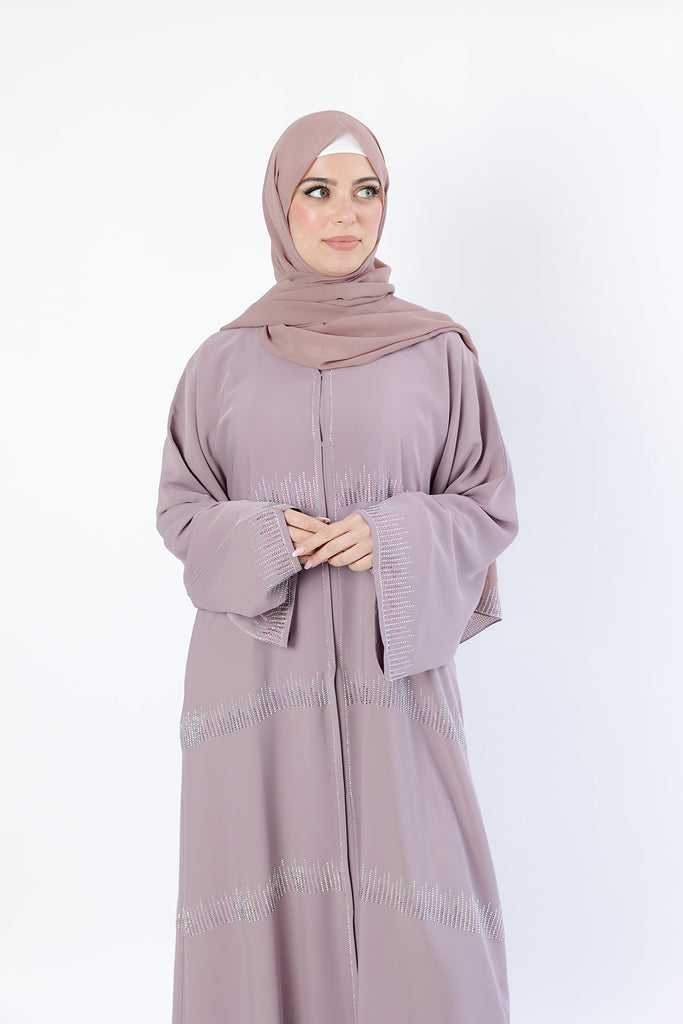 Pastel Mauve Luxury Stripe Diamante Open Abaya