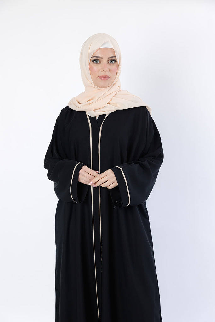 Premium Black Closed Abaya – Cream Line Border Design with Pocket and Matching Scarf