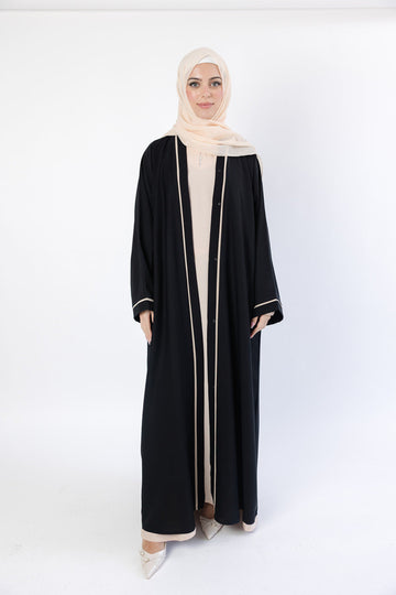 Premium Cream Line Border Open Abaya with pocket and matching scarf