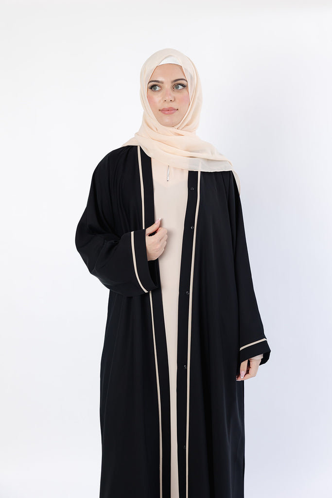 Premium Black Open Abaya – Cream Line Border Design with Pocket and Matching Scarf