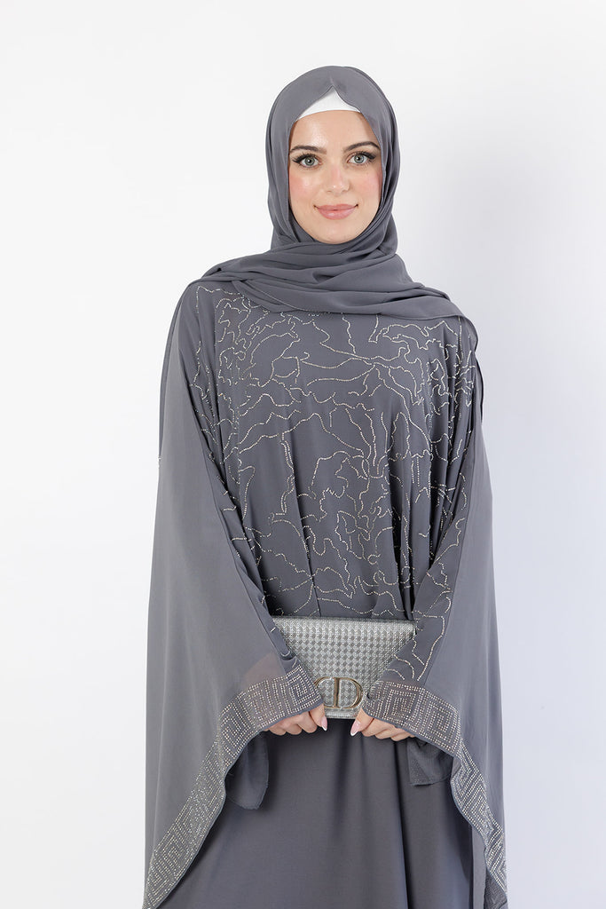 Grey Abstract Pattern Embellished  Chiffon Cape Diamante Closed Abaya