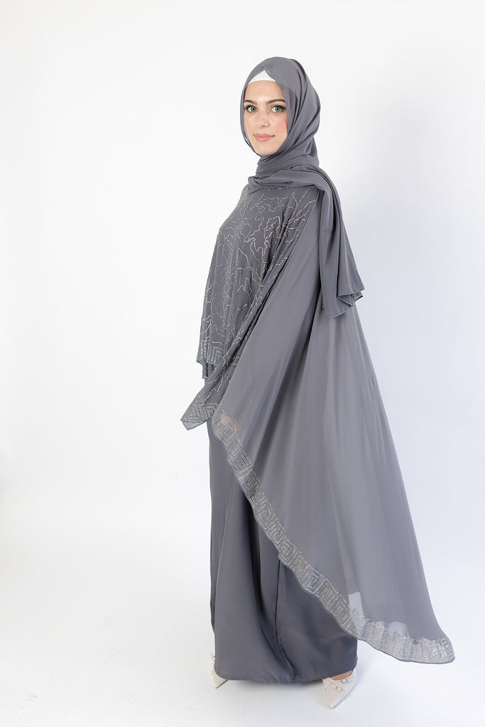 Grey Abstract Pattern Embellished  Chiffon Cape Diamante Closed Abaya