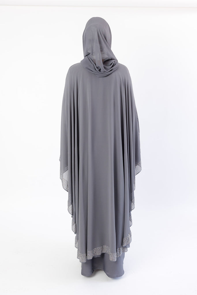 Grey Abstract Pattern Embellished  Chiffon Cape Diamante Closed Abaya