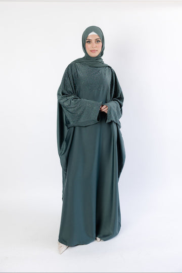 Green Ripple Satin Polyester Batwing Stone work Closed Abaya