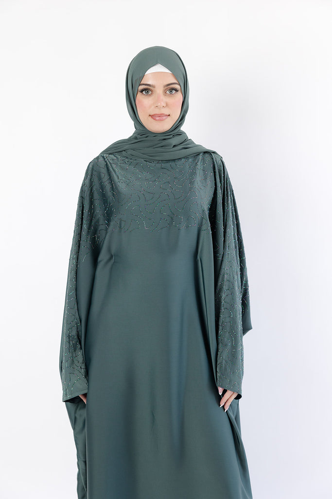 Green Ripple Satin Polyester Batwing Stone work Closed Abaya