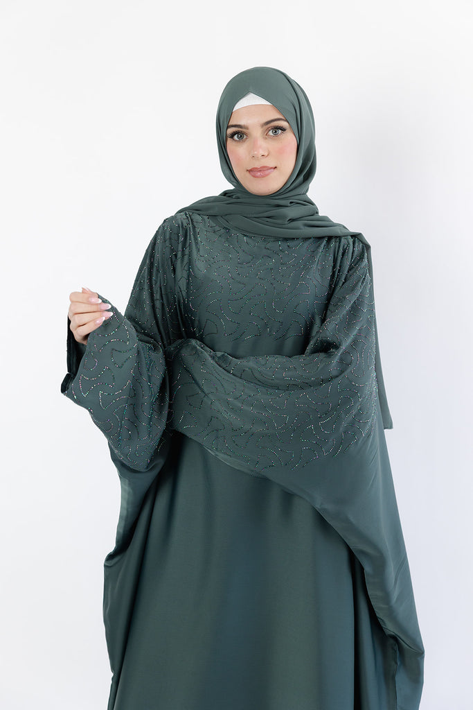 Green Ripple Satin Polyester Batwing Stone work Closed Abaya